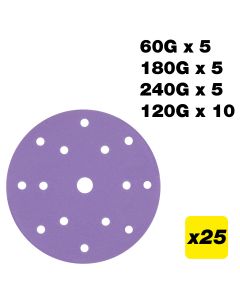 AB/150/M25 - 150mm 60G/120G/180G/240G Random Orbital Sanding Disc, 25 Pack