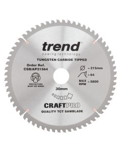 CSB/AP21564 - Craft saw blade aluminium and plastic 215mm x 64 teeth x 30mm